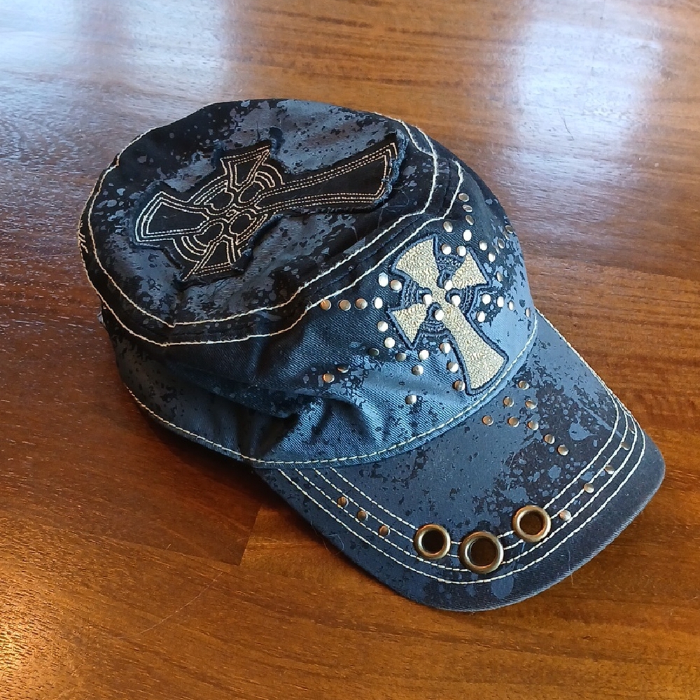 Vintage Pugs Gear Black Grey Cadet Hat with Embroidered Cross Details
